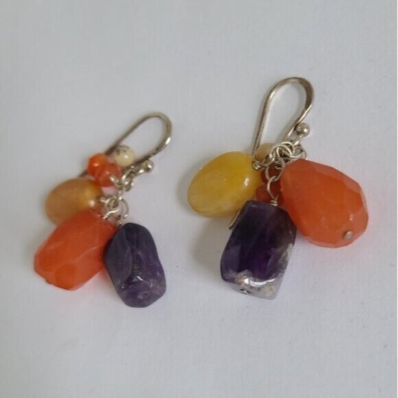 Vintage 80s Boho Barse Sterling Silver Amethyst Gemstone Beaded Dangle Earrings - Picture 3 of 10